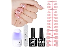 TOMICCA Soft Gel Nail Tips Kit zestaw kleju do paznokci, lakier wierzchni i żel do paznokci, 180 sztuk krótkich tipsów migdałowych, mini lampa UV do paznokci bufor / pilnik, zestaw do wyciskania