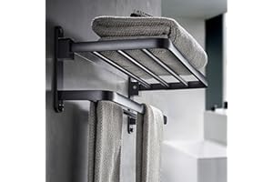 CHEERHOM Wieszak na ręczniki bez wiercenia, ścienny, wieszak na ręczniki łazienkowe SUS304, stal nierdzewna, samoprzylepny, składany wieszak na ręczniki z 5 haczykami, 39 x 16,5 x 15,5 cm