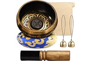 PORFOYO Campana tibetana, 8 cm, in ottone con cuscino, 2 campane e bacchette in legno, set di campane tibetane, per meditazione principianti, yoga, relax
