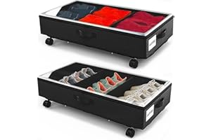 ZIMITEDA 2 Stück Unterbett Aufbewahrungsbox 49L Unterbettkommode mit Rollen Deckel Metallrahmen Bettkasten Organizer Aufbewahrungstasche Faltbare Unterbettbox für Kleidung Schuhe Decken Bettwäsche, Schwarz