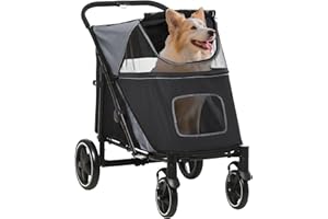 PawHut Hundewagen, Hundebuggy mit Kissen, Faltbarer Hundetrolley, Katzenbuggy für große und mittelgroße Hunde, Hundetrolley mit Netzfenster, Sicherheitsleinen, Tasche, Oxfordstoff, Grau