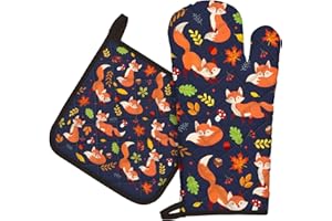 Arquiel Guante De Horno Agarraderas, 100% AlgodóN Guante De Cocina Resistente Al Calo Grueso Seguro para Cocinar, Hacer Barbacoas Microondas Y para La Chimenea Regalo(Zorro de otoño)