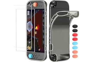 WAXITY Soft Case for Nintendo Switch 2(2025), Integrated TPU Protective Cover with 2 Screen Protectors & 8 Thumb Grips for Switch 2, Shock-Proof, Anti-Scratch Transparent Shell Accessories-Clear Black