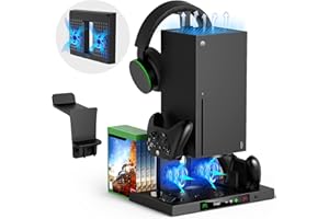 FYOUNG Supporto di raffreddamento verticale migliorato per Xbox Series X con controller stazione di ricarica Dock, sistema di raffreddamento a doppia suczione, supporto accessori con 8 organizer per giochi,