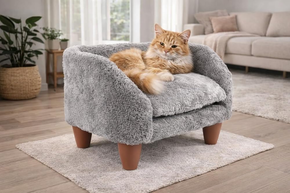 GOBYPET Peluş Kedi Koltuğu – Yumuşak ve Lüks Kedi Köpek Yatağı, Çıkarılabilir ve Yıkanabilir Kılıf, Rahat Minder, Evcil Dostlar İçin Konforlu Yatak (Gri)