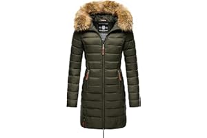 MARIKOO Damen Wintermantel Warmer Steppmantel lang mit Kapuze und abnehmbarem Kunstfell-Kragen Rose XS-6XL