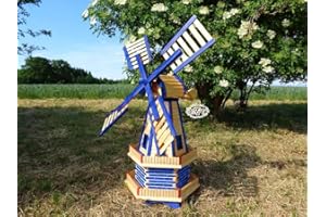 BTV ÖLBAUM Schöne Windmühle, für Pferde-Weide und Garten 130 cm, blau-natur zweistöckig MIT 2 BALKONEN, garten windmühlen, ohne / mit Solar, WMH130bl-OS 1,30 m groß blau mittelblau dunkelblau königsblau, himmel
