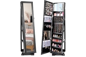 COSTWAY 3-in-1 Jewelry Cabinet, Lockable Jewelry Armoire Storage Unit with Full Length Mirror and Display Shelf, Home Bedroom Dressing Room Cosmetics Jewellery Organiser (360° Swivel Black)