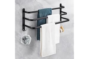 LANPOWAE Handtuchhalter Schwarz Ohne Bohren Handtuchstange,Aluminium Selbstklebend Badetuchhalter, Wand 3-Stöckig Handtuchstange mit Haken,Wasserdicht Rust Badetuch Handtuchhalter für Badezimmer/Küche