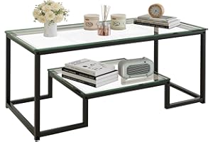 Huhote Couchtisch 2 Ebenen, Glastisch, Sofatisch, Wohnzimmertisch aus Glas, Kaffeetisch mit Stauraum, Tisch Wohnzimmer, mit Glasplatte, Offener Stauraum, Moderner Stil, 100 x 48 x 45 cm, Schwarz