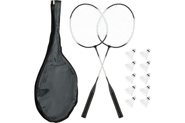 Relaxdays Set de Badminton avec Sac, 10 Volants Solides, Raquettes pour Enfants/Adultes, HxL 66 x 20 cm, Blanc/Noir