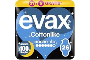 Evax Cottonlike Noche Compresas Con Alas, Pack de 26, Parte Trasera Más Ancha, Absorben Flujo Repentino, Eliminan Malos Olores, Capa Superior Extrasuave, 100% Limpia y 0% Olor