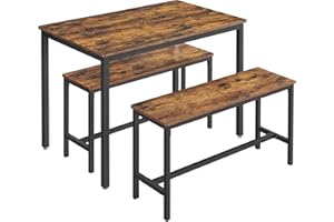 VASAGLE Tavolino da Pranzo con 2 Panche, Set di 3 Pezzi, Tavolo da Cucina 70 x 110 x 75 cm, 2 Panche 30 x 97 x 50 cm, Struttura in Acciaio, Marrone Vintage e Nero KDT070B01