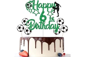 Gidobo 6th Birthday Cake Toppers, Green Glittery Cake Decorations with Football Theme, Six Years Old Soccer Birthday Party Supplies for Boys