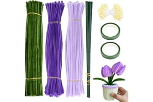 Anseom 300 Piezas Limpiapipas para Manualidades, 30cm Tallos de Chenilla de Colores, Limpiapipas de Chenilla para Flores de Tulip con 20 Tallos de Flores, 2 Cinta de Flores (Morado)