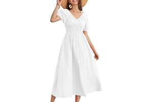 GRACE KARIN Femme Robe Plissée Longue à Manches Courtes Robe Trapèze Col V en Coton avec 2 Poches Latérales