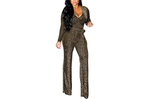 Petalum Damen Jumpsuit Elegant Langarm V Ausschnitt Lang Overall Hosenanzug Breites Bein Romper mit Gürtel Glitzer Party Abendmode