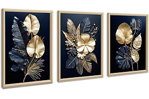 FAJERMINART 3Pcs Fleurs bleu marine or feuilles de coco En Bois Cadre Tableau Décoration Murale Salon Impression sur Toile Image sur Toile Abstraite Peintures Décoration Murale pour Chambre Maison 30x40cmx3