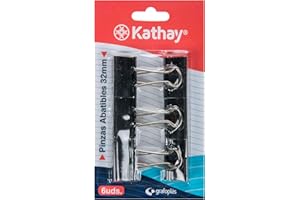 Kathay - Blíster de 6 Pinzas Abatibles, 32mm, Color Negro, Perfectas para Organizar Documentos en Oficina y Centros de Estudio