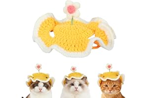 FUKAISU Chapeau d'anniversaire pour Chat avec Trous Oreilles, Ajustable Chapeau Chat Tricoté avec Mignon Design Fleur Dressée pour Fête d'anniversaire Vacances Séances Photo (Jaune)