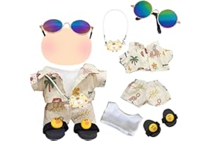 XERTEAM 6 Pcs Doll Clothes for 17cm Plush Dolls, Summer Vacation Style Plush Doll Clothes Set, Kitten Pendant, Printed Shirt and Shorts, Vest, Sunglasses, Yellow Duck Slippers, Suitable for Child & Collector