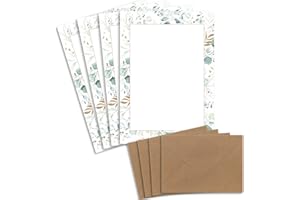 GLÜXX-AGENT 50 fogli di carta da lettere naturale A4 color crema con bordo a forma di rami di eucalipto e buste C6 in carta kraft marrone naturale, stampabile per inviti di nozze