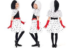 CosExpress Cruella Deville Costume for Kids Girls, 4 PCS Dalmatian Dress Up Black White Spotted Dress with Gloves Wig Shawl Outfit for World Book Day Kids