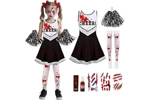 Cheerleader kostym barn, halloweenkostym flicka, zombie cheerleader med strumpor, konstblod, tatueringar för flickor barn halloween läskig skräck kostymer party cosplay karneval