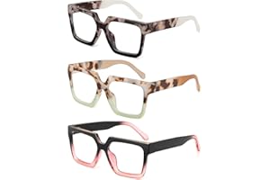 JM Paquete de 3 Gafas de Lectura Cuadrados, Sobredimensionado Gafas de Lectura con Bloqueo a Luz Azul Para Mujeres y Hombres