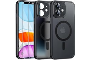FLLAO Funda para iPhone 11, Compatible MagSafe, con 2 Piezas Protector de Pantalla Cristal Templado, [Protección de Cámara] Magnética Carcasa Translúcida Mate Trasera Fina Antigolpes, Negro
