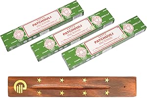 Original Satya Patchouli Incense Sticks Pack of 3X 15G with Greensense Holder for Aromatherapy, Spa, Yoga, Weddings, Meditation, Healing, Positivity and Relaxation