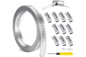 ilauke Hose Clips Adjustable, 12.5mmx3M/9.8ft Jubilee Clips Assorted 10Pcs, Hose Clamps with 10 Fasteners, Stainless Steel Pipe Clamps, Flexible Cutting