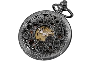 Tiong Montre de poche mécanique en bois de cuivre élégant avec cadran ouvert pour homme avec boîte à chaîne