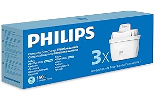Philips Water Cartucce filtranti sostitutive Filtrazione Avanzata, 3 unità, riducono MICROPLASTICA, CLORO, CALCARE, METALLI PESANTI, LA CONFEZIONE PUO VARIARE