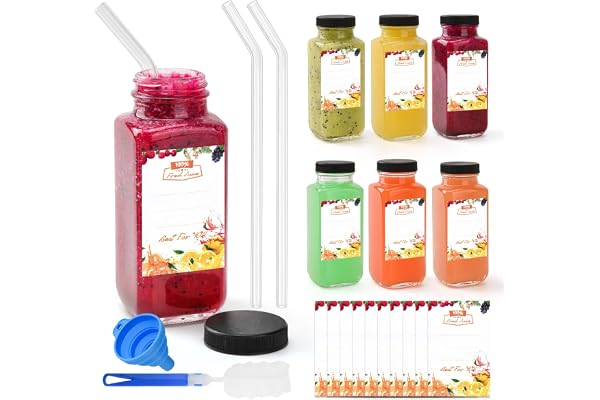 6 stycken 250 ml smoothie-flaska, glasflaskor för fyllning, shotflaskor för fyllning, dricksflaskor, små glasflaskor, miniglas med glassugrör för juice, smoothie, mjölk, skola, utomhus