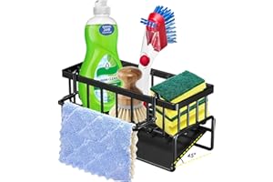 VAKOWOO Sink Caddy, Kitchen Sink Orgainser, Stainless Steel Sink Tidy Sponge Holder With 45-Degree Sloped Drip Tray, Kitchen Sink Caddy Organiser With Removable Dishcloth Hook for Countertop