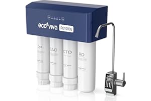 Ecoviva RO1000G Untertisch Osmoseanlage Umkehrosmoseanlage Trinkwasser mit Alkalisierung Wasser, Hoher Durchfluss, 3:1 Abwasser, NSF/ANSI 58 Standard, mit LED-Armatur, Langlebig Filterkartusche
