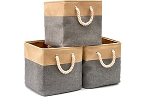 EZOWare Set of 3 Large Storage Cube Bins, Collapsible Fabric Canvas Tweed Basket Container with Cotton Rope Handles for Nursery, Toys, Wardrobe Clothes (33 x 33 x 33 cm, Grey/Brown)