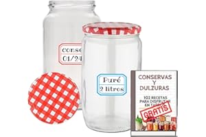 AWIKU 4 Tarros de Cristal de 2 litros con Tapas de Metal + Ebook de 102 Recetas - Frascos grandes para Conservas, Encurtidos, Alimentos Caseros - Incluye Etiquetas (4)