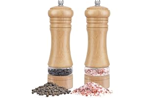 IAGORYUE Salt and Pepper Grinder Set of 2, Wooden Salt and Pepper Mill with Adjustable Coarseness Ceramic Rotor & Acrylic Window, Manual Spice Grinders Refillable Salt Shaker for Sea Salt/Chili/Sesame,6.5 Inch