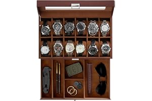 ProCase Pudełko na zegarek dla mężczyzn, 12 przegródek męskie etui, z szufladą, gablota ze szklaną pokrywką, 2-warstwowy organizer na biżuterię i zegarki