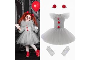 BUNIQ Clown pour Enfant Filles, Robe Tutu d'halloween pour Filles, Costumes d'halloween Effrayants pour Filles, Costumes Cosplay Clown avec Gants Et Épingle À Cheveux Rouge
