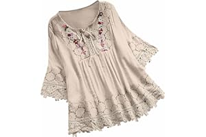 HAOLEI Femme Tunique De Plage Chemisier Chic Pas Cher Grande Taille en Vrac Coton Lin Laçage Chemise Plissé Henley Tunique Blouse T-Shirt