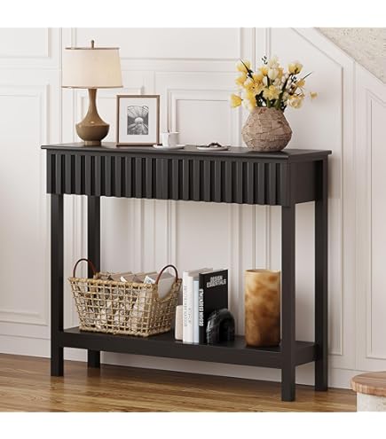 Homgoday Tavolo consolle in rovere Sonoma, 89 x 41 x 76,5 cm, in acciaio, tavolino sottile per soggiorno, camera da letto, corridoio, ingresso, scrivania