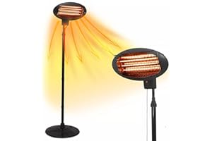 SBZ 2KW Free-Standing Outdoor Electric Garden Patio Heater – Adjustable Height, 3 Heat Settings (650W/1350W/2000W), Weatherproof, Black – Ideal for Outdoor Warmth
