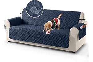 TAOCOCO Sofa Covers 100% Waterproof Sofa Slipcovers 3 Seater,Non Slip Cover with Storage Pockets Both Side for Kids/Dogs/Pets,Washable Sofa Protector with Elastic Strap(Dark Blue)