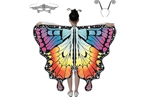 Lollanda Costume d'ailes de papillon pour enfants - Écharpe papillon d'Halloween - Cape de papillon avec bandeau - Accessoire de fête mascarade