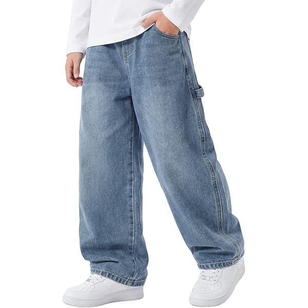 Rolanko Baggy Cargo Jeans voor kinderen, skaterjeans met elastische tailleband en meerdere zakken, denim, vintage, bootleg, streetwear voor kinderen, Zwarte ster, 6-7 jaar