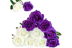 Floralsecret 12 Piezas Rosas Artificiales Ramo Flores Imidacial de Seda Decoración de Boda Casa(Blanca, Púrpura)