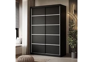 ‎LUKMEBEL lukmebel Kleiderschrank mit Schiebetüren Camaro Plus 150x59x215 cm Schrank Schwarz - Schlafzimmer Möbel - Aluminiumgriffe - Mehrzweckschrank - Flurgarderobe - Kleiderstange Schrank
